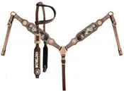 BLACK & WHITE HAIR ON COWHIDE INLAY SINGLE EAR HEADSTALL & BREAST COLLAR SET