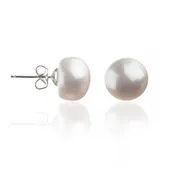 Pearl Button Earrings | AA 9.5 mm Natural White Freshwater Cultured | Sterling Silver Posts