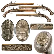 Original 1730s Silesian Polish-Prussian Noble Gurowski Family Matched Pair of 22-Bore Flintlock Holster Pistols with Silver Mounts and Brass Barrels