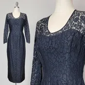 1960s Gown / Dress with Train / Black Floral Gown / Burn Out Gown / Vintage Evening Dress / Bust Illusion / Size Small