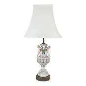 Antique 1920s Porcelain 30" Cherub Table Lamp, Brass Base, Putti Finial
