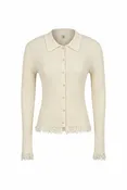 Ivory Knit Long Sleeve Top with Collar and Fringe Detail