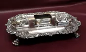 Antique 14" English Silverplate Glass Reservoir Rectangular Double Desk Inkwell
