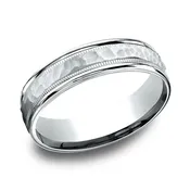 10k White Gold 6mm Hammered Finish Milgrain Comfort Fit Wedding Band