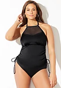Adjustable Mesh High Neck Tankini Set with Mid Waist Swim Brief