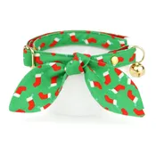 Cat Collar & Bunny Ear Bow Set - "Christmas Stockings" - Red & Green Holiday Cat Collar w/ Matching Bunny Bow Tie / Tie-On Scarf / Cat, Kitten + Small Dog Sizes