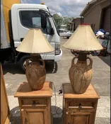 Matching hand made clay base lamps with animal skin shades Made in Morocco