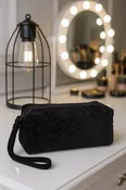Crushed Velvet Floral Embossed Wristlet Pouch, Black