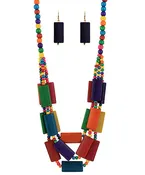 3 Layered Wood Rectangle Necklace Set Multi-Colored