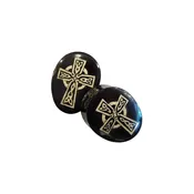 Black Horn Teardrop Plugs with Walrus Jawbone Celtic Cross Inlays (1 5/8") — KOLO BODY ARTS