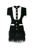 balmain black & white  tweed tuxedo dress with feather trim
