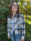 Avery Distressed Plaid Button-Up Blouse - Neutral Grey