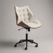 Chaise de bureau pivotante réglable en hauteur en polyester beige avec coque en bois aspect noyer, 64 × 62 × 85-95 cm