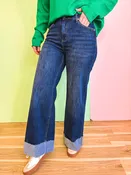 90's Stretch Cuffed Hem Straight Jeans - Dark