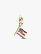 Usa flag 14k gold-plated dangle with clear cubic zirconia, salsa red and blue crystal and white enamel