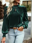 Blackish Green Mock Neck Puff Sleeve Velvet Blouse