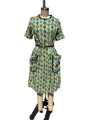 1950s Blue Green Vases Novelty Print Belted Day Dress