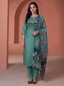 Aqua Blue Printed Kurta With Pant & Dupatta