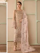 Beige Chiffon Intricate Embroidered Straight Cut Elegant Festive Wear