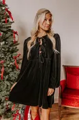 Black Front Tie Velvet Bubble Sleeve Mini Dress