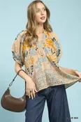 Border Print Puff Sleeve V-Neck Blouse
