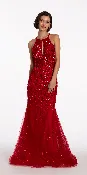 Beaded Mesh Keyhole Halter Trumpet Dress with Godets