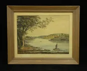Antique 1822 Reframed Watercolor Landscape Lake Wooded Shoreline Sailboat L3X