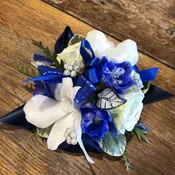 Blue and white prom wrist corsage