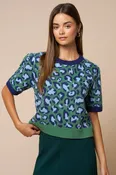 Blue Green Leopard Print Short Sleeve Knit Top