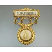 Antique Polish Gilded Catholic Religious Miraculous Medal Pin Panna Maria Mary Celluloid