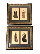 Antique French Costume Prints Pair Hand Colored Framed 16th Century Nobility