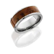 Titanium 8 mm flat band with a hammer polish finish and a natural Thuya burl wood inlay.