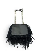ANNE FONTAINE BLACK LEATHER SUEDE FRINGE Size S BAG GOLD TONE DOUBLE HANDLE