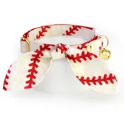 Cat Collar & Bunny Ear Bow Set - "Baseball" - Sports Red & White Baseball Cat Collar w/ Matching Bunny Bow Tie / Tie-On Scarf / Cat, Kitten + Small Dog Sizes