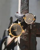 Vintage Pierre Cardin Watch with Gold and Silver Dial and Black Leather Band