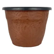 American West at Home Leather‑Wrapped 10" Round Planter with Plastic Insert — Large, Hand‑Tooled Leather