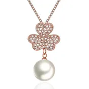 18K Rose Gold Plated Pave Lucky Clover with Imitation Pearl  Necklace