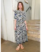 Alexandra Shadow Stripe Botanical Print Ruffled Cotton Midi Dress in Porcelain