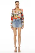 Above Blue Collar Neck Floral Multicolor Shirt For Women With Long Sleeves