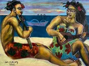 Beach Mele (Hawaiian Kane Man Wahine Woman Playing Ukulele on Beach) – Original Oil Painting Hawaii