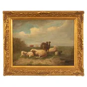 19th Century Belgian Realist Pastoral Oil Canvas Landscape Painting Ram Sheep & Goat Laurent De Beul 1870