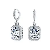 10CT Emerald Cut Statement CZ Halo Dangle Earrings Silver Gold Plated