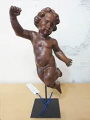 Antique Spanish Walnut Cherub on Custom Iron Stand