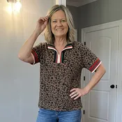 Leopard Jacquard Striped Half-Zip Short Sleeve Top