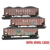 100-Ton 3-Bay Ribside Open Hopper w/Coal Load 3 Pack - Ready to Run Jewel Case -- Santa Fe #81775, 81489, 80914 (Weathered, Boxcar Red, Graffiti)