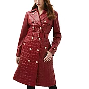 Bold Red Quilted &amp;amp; Belted Women Leather Trench Coat