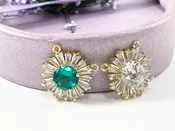 18K Gold Plated Brass Circle Baguette Cubic Zirconia Pave Rhinestone Clear Green Top Pendant Charm Over Brass 6pcs