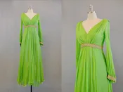 1960s Green Silk Chiffon and Gold Evening Gown // Size Small