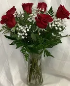6  ROSES VASED WITH GREENS & BABYS BREATH