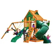 Gorilla Playsets Mountaineer Treehouse Wooden Swing Set with Tube Slide, Rope Ladder, and Sandbox